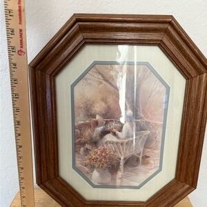 Vintage Girl in Garden on Bench Wooden Framed Painting. Signed!